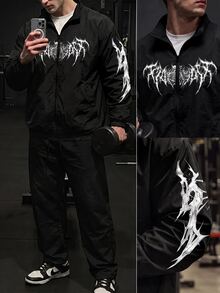 GymBeat Men's Minimalist Printed Zip-Up Long Sleeve Sports Jacket, Gym - Black - View 4