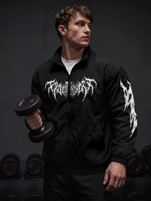 GymBeat Men's Minimalist Printed Zip-Up Long Sleeve Sports Jacket, Gym - Black - View 5