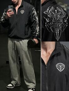 GymBeat Men's Stand Collar Skull & Cross Print Zip Front Casual Daily Wear Long Sleeve Sports Jacket, Lightweight, Gym - Black - View 3