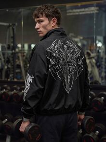 GymBeat Men's Stand Collar Skull & Cross Print Zip Front Casual Daily Wear Long Sleeve Sports Jacket, Lightweight, Gym - Black - View 2