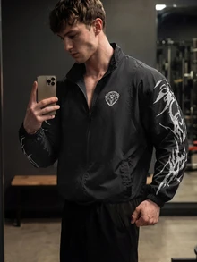 GymBeat Men's Stand Collar Skull & Cross Print Zip Front Casual Daily Wear Long Sleeve Sports Jacket, Lightweight, Gym - Black - View 4