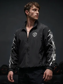 GymBeat Men's Stand Collar Skull & Cross Print Zip Front Casual Daily Wear Long Sleeve Sports Jacket, Lightweight, Gym - Black - View 6