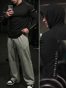 GymBeat 男友风男士字母印花插肩袖连帽运动卫衣，男友风男士休闲纯色长袖反光健身长袖上衣，秋季透气压缩衫，轻薄款 - 黑色 - 查看 7