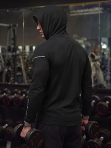 GymBeat 男友风男士字母印花插肩袖连帽运动卫衣，男友风男士休闲纯色长袖反光健身长袖上衣，秋季透气压缩衫，轻薄款 - 黑色 - 查看 2