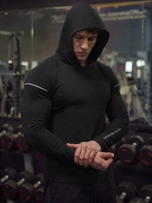 GymBeat 男友风男士字母印花插肩袖连帽运动卫衣，男友风男士休闲纯色长袖反光健身长袖上衣，秋季透气压缩衫，轻薄款 - 黑色 - 查看 5