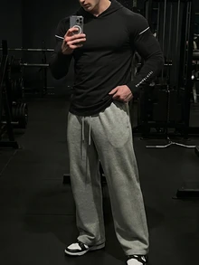 GymBeat 男友风男士字母印花插肩袖连帽运动卫衣，男友风男士休闲纯色长袖反光健身长袖上衣，秋季透气压缩衫，轻薄款 - 黑色 - 查看 6