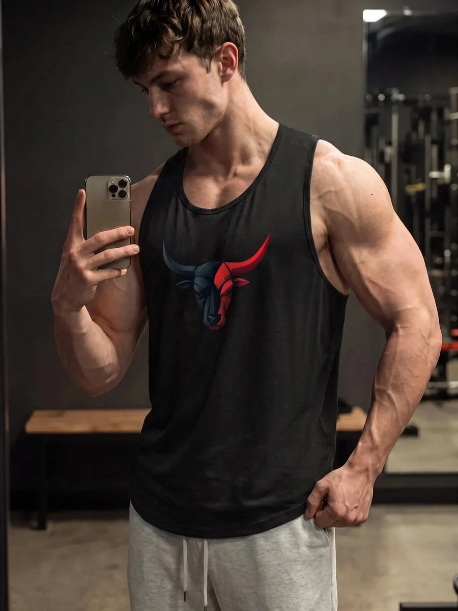 GymBeat Men's Summer Casual Bull Head Printed Sports Gym Tank Top Comfortable Breathable Baggy For Gym Performance-T, Lightweight - Black - View 1