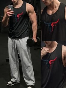GymBeat Men's Summer Casual Bull Head Printed Sports Gym Tank Top Comfortable Breathable Baggy For Gym Performance-T, Lightweight - Black - View 6