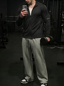 GymBeat 男士修身户外运动印花长袖T恤修身衬衫秋季圆领运动夹克，健身 - 黑色 - 查看 7