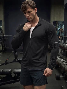 GymBeat 男士修身户外运动印花长袖T恤修身衬衫秋季圆领运动夹克，健身 - 黑色 - 查看 5