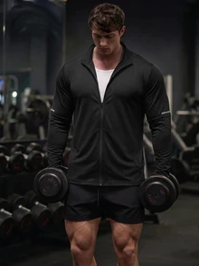 GymBeat 男士修身户外运动印花长袖T恤修身衬衫秋季圆领运动夹克，健身 - 黑色 - 查看 1