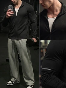 GymBeat 男士修身户外运动印花长袖T恤修身衬衫秋季圆领运动夹克，健身 - 黑色 - 查看 3