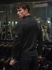 GymBeat 男士修身户外运动印花长袖T恤修身衬衫秋季圆领运动夹克，健身 - 黑色 - 查看 2