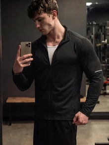 GymBeat 男士修身户外运动印花长袖T恤修身衬衫秋季圆领运动夹克，健身 - 黑色 - 查看 6