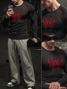 GymBeat Men's Spider Print Round Neck Raglan Long Sleeve Sports T-Shirt Compression Shirt, Lightweight, Gym - Black - View 6