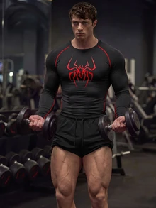 GymBeat Men's Spider Print Round Neck Raglan Long Sleeve Sports T-Shirt Compression Shirt, Lightweight, Gym - Black - View 3