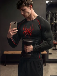 GymBeat Men's Spider Print Round Neck Raglan Long Sleeve Sports T-Shirt Compression Shirt, Lightweight, Gym - Black - View 4