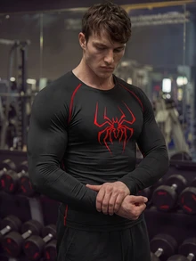 GymBeat Men's Spider Print Round Neck Raglan Long Sleeve Sports T-Shirt Compression Shirt, Lightweight, Gym - Black - View 5