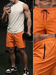 GymBeat 男士抽绳简约百搭日常休闲运动短裤，适合健身、篮球等多种场合，轻便透气，并附赠洗手液。 - 橘色 - 查看 3