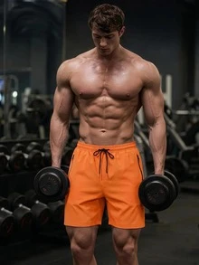 GymBeat 男士抽绳简约百搭日常休闲运动短裤，适合健身、篮球等多种场合，轻便透气，并附赠洗手液。 - 橘色 - 查看 4