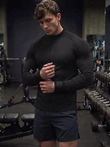 GymBeat 男友风男士牛皮印花运动健身夹克，图案时尚，适合健身、肌肉锻炼，透气修身圆领运动夹克，轻便舒适 - 黑色 - 查看 6