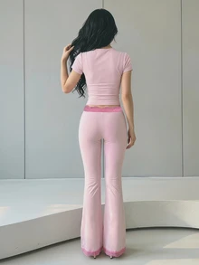 Sweetina 蕾絲背心上衣 & 喇叭褲 2件組，女孩休閒T恤 - 淺粉色 - 查看 3