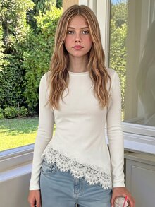 Teen Girl T-Shirt Elegant Cute Asymmetrical Lace Trim Long Sleeve Top Casual Spring Autumn Outfit Ball Birthday Formal Party School Black Pink White - Black - View 3