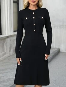 EMERY ROSE Fitted Casual Elegant Commute Knit Dress - Black - View 3
