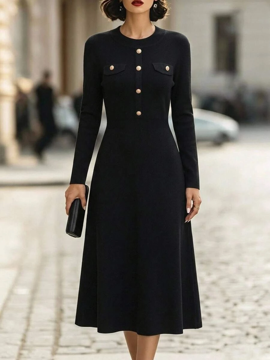 EMERY ROSE Fitted Casual Elegant Commute Knit Dress - Black - View 1