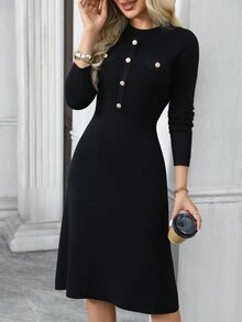 EMERY ROSE Fitted Casual Elegant Commute Knit Dress - Black - View 8