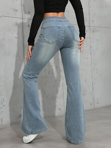 Jeanoix Celana Jeans Denim Kancing Model Flare Gaya Jalanan untuk Wanita - Kuning - View 2