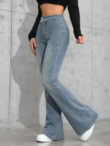 Jeanoix Celana Jeans Denim Kancing Model Flare Gaya Jalanan untuk Wanita - Kuning - View 6