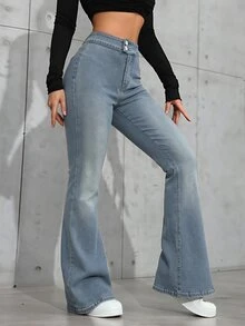 Jeanoix Celana Jeans Denim Kancing Model Flare Gaya Jalanan untuk Wanita - Kuning - View 5