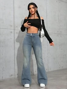 Jeanoix Celana Jeans Denim Kancing Model Flare Gaya Jalanan untuk Wanita - Kuning - View 8