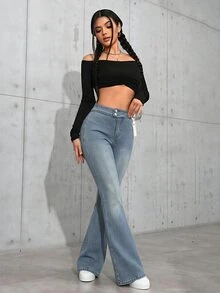 Jeanoix Celana Jeans Denim Kancing Model Flare Gaya Jalanan untuk Wanita - Kuning - View 7