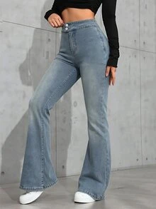 Jeanoix Celana Jeans Denim Kancing Model Flare Gaya Jalanan untuk Wanita - Kuning - View 4