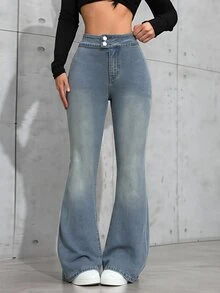 Jeanoix Celana Jeans Denim Kancing Model Flare Gaya Jalanan untuk Wanita - Kuning - View 3