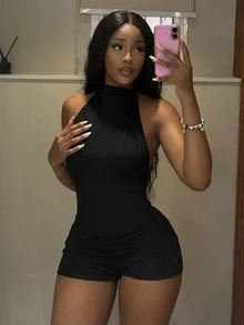 StreetHx Streetwear Sexy Women Sleeveless Backless Short Jumpsuit Night Out Club Black Summer - Black - View 1