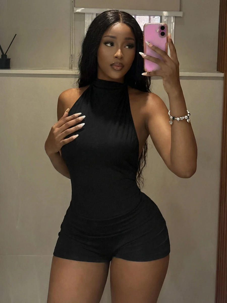 StreetHx Streetwear Sexy Women Sleeveless Backless Short Jumpsuit Night Out Club Black Summer - Black - View 1