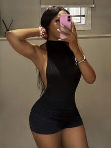 StreetHx Streetwear Sexy Women Sleeveless Backless Short Jumpsuit Night Out Club Black Summer - Black - View 7