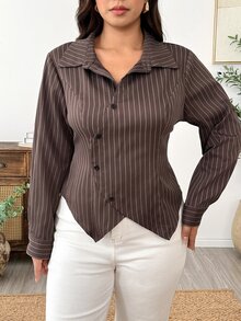 Weeklong Plus Size Women Brown Striped Asymmetrical Placket Long Sleeve Shirt Fall - Multicolor - View 7