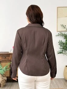 Weeklong Plus Size Women Brown Striped Asymmetrical Placket Long Sleeve Shirt Fall - Multicolor - View 2