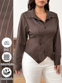 Weeklong Plus Size Women Brown Striped Asymmetrical Placket Long Sleeve Shirt Fall - Multicolor - View 4