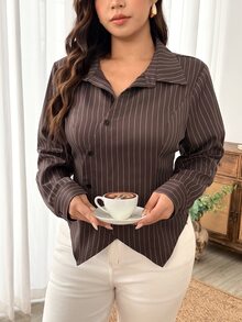 Weeklong Plus Size Women Brown Striped Asymmetrical Placket Long Sleeve Shirt Fall - Multicolor - View 9