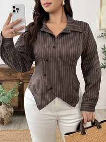 Weeklong Plus Size Women Brown Striped Asymmetrical Placket Long Sleeve Shirt Fall - Multicolor - View 6