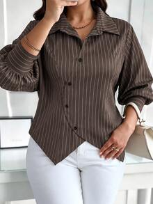 Weeklong Plus Size Women Brown Striped Asymmetrical Placket Long Sleeve Shirt Fall - Multicolor - View 3