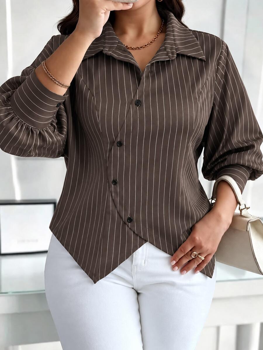 Weeklong Plus Size Women Brown Striped Asymmetrical Placket Long Sleeve Shirt Fall - Multicolor - View 1