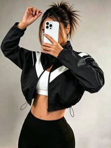 Slayform Women's Spring/Autumn Colorblock Zip-Up Sports Jacket With Drawstring Hem And Cuffed Sleeves, Suitable For Sports, Outdoor And Daily Wear - Black - View 4