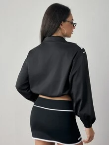 Slayform Women's Spring/Autumn Colorblock Zip-Up Sports Jacket With Drawstring Hem And Cuffed Sleeves, Suitable For Sports, Outdoor And Daily Wear - Black - View 2