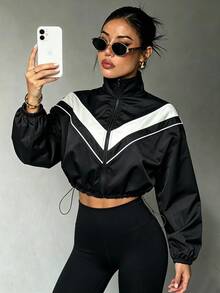 Slayform Women's Spring/Autumn Colorblock Zip-Up Sports Jacket With Drawstring Hem And Cuffed Sleeves, Suitable For Sports, Outdoor And Daily Wear - Black - View 7